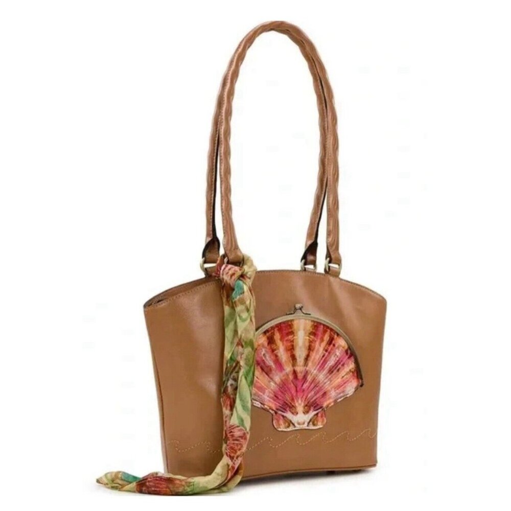 Patiricia Nash Zorita Tooled Seashell Tan Leather Shoulder Bag Scarf Naturale